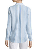 Sabira Long-Sleeve Striped Linen Blouse, Cerulean Blue Multi