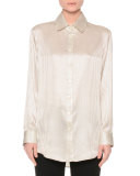 Button-Front Skinny-Striped Blouse, Cream/Black