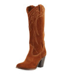 Ilana Embroidered Suede Western Boot, Wood