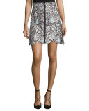 Poppy Floral-Lace Front-Zip Mini Skirt