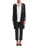 Long Leather-Trim Jacket, Black