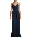 Sleeveless Beaded Cross-Back Gown, Navy