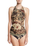 Vintage Floral Two-Piece Tankini Swimsuit Set, Black/Brown