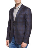 Plaid Two-Button Sport Jacket, Navy/Brown