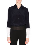 Long-Sleeve Button-Front Blouse, Navy/White