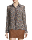 Alfie Long-Sleeve Silk Owl Blouse, Multicolor