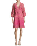 3/4-Sleeve Lurex Zigzag Dress, Pink