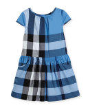 Judie Cap-Sleeve Smocked Check Shift Dress, Blue, Size 4-14