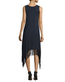Ibiza Sleeveless Fringe-Trim Dress, Black