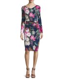 Long-Sleeve Floral Jersey Sheath Dress, Navy