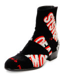 Embroidered Velvet Ankle Boot, Black