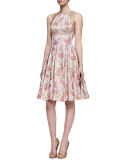 Floral-Print Sleeveless Golden Jacquard Dress, Rose Gold