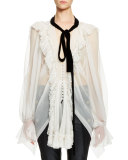 Long-Sleeve Ruffle-Trim Tie-Neck Blouse, Beige