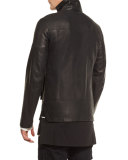 Leather Funnel-Neck Jacket, Black