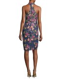 Sleeveless Embroidered Floral Lace Cocktail Dress, Navy