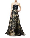 Sequined Strapless Ribbon Toile Gown, Gold/Black