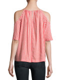Nedra Gingham Cold-Shoulder Top, Red/White