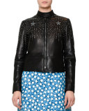 Embellished Leather Bomber Jacket, Black