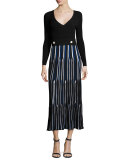 Long-Sleeve V-Neck Pleated Dress, Blue/Multi