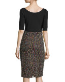 Sparkle Tweed Half-Sleeve Dress, Black/Multi