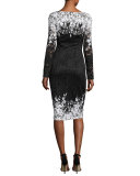 Long-Sleeve Floral Point d'Esprit Sheath Dress, Black/White