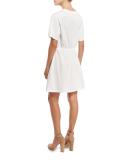 Short-Sleeve Embroidered Poplin Dress, Off White