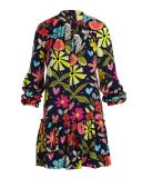 Corozone Long-Sleeve Floral Silk Shift Dress, Blue