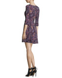 3/4-Sleeve Paisley Fit-and-Flare Dress, Wine