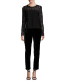 Corbel Long-Sleeve Lace Blouse, Aubergine/Black