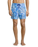 Moorea Hotel-Print Swim Trunks, Blue Pattern