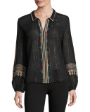 Mija Metallic-Stripe Embroidered Blouse, Black