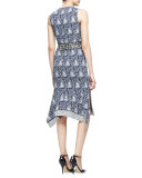 Cassandra Sleeveless Mixed-Print Dress, Navy