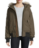 Hooded Faille Bomber Jacket, Olive Green