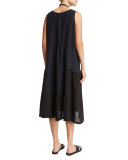 Sleeveless Colorblock Tiered Linen Dress, Black/Navy