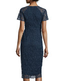 Short-Sleeve Floral-Lace Sheath Dress, Navy