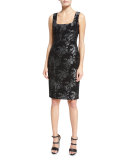 Sleeveless Floral Metallic Sheath Dress, Black