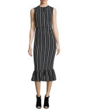 Sleeveless Striped Lotus Midi Dress, Black/Multicolor