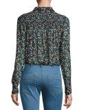 Dazed Long-Sleeve Floral Silk Blouse, Black