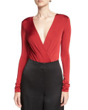 Lala Satin Long-Sleeve Surplice Bodysuit