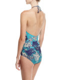 Halter One-Piece Swimsuit, Blue Floral