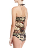 Vintage Floral Two-Piece Tankini Swimsuit Set, Black/Brown
