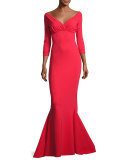 Guinevere Long-Sleeve Mermaid Gown, Red