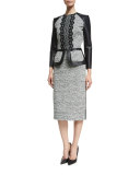 3/4-Sleeve Zip-Front Leather/Tweed Peplum Jacket, Black/Ivory