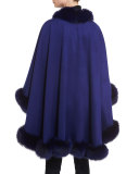 Cashmere Fox Fur-Trim Cape, Cobalt