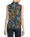 Fernanda Sleeveless Mock-Neck Printed Blouse, Galaxy Blue Multi