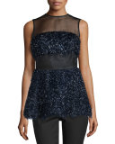 Sleeveless Metallic Chevron-Fringe Top, Navy