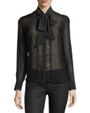 Leema Lace-Trim Tie-Neck Blouse, Black