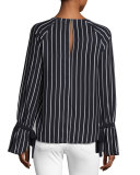 Voluminous Cuff Silk Blouse, Navy & Blanc Pristine Stripe