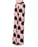 Lace-Print Wide-Leg Trousers, Multicolor