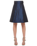 Iridescent High-Waist Belted A-Line Skirt, Navy